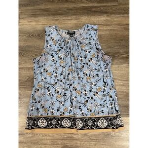Liz Claiborne Career Blouse Womens XL Blue Floral Sleeveless Pleated Neck Top